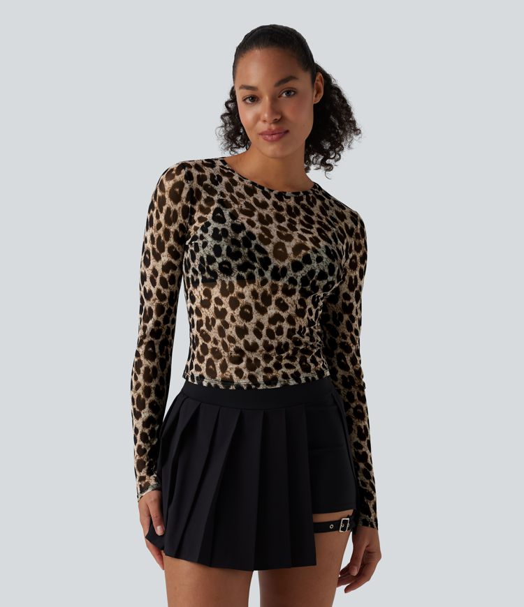 Round Neck Long Sleeve Leopard Print Sheer Mesh Casual Top