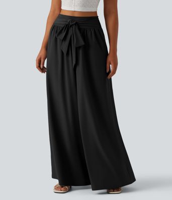 Breezeful™ High Waisted Shirred Tie Front Flowy Quick Dry Pants with Pockets