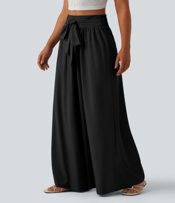 Breezeful™ High Waisted Shirred Tie Front Flowy Quick Dry Pants with Pockets