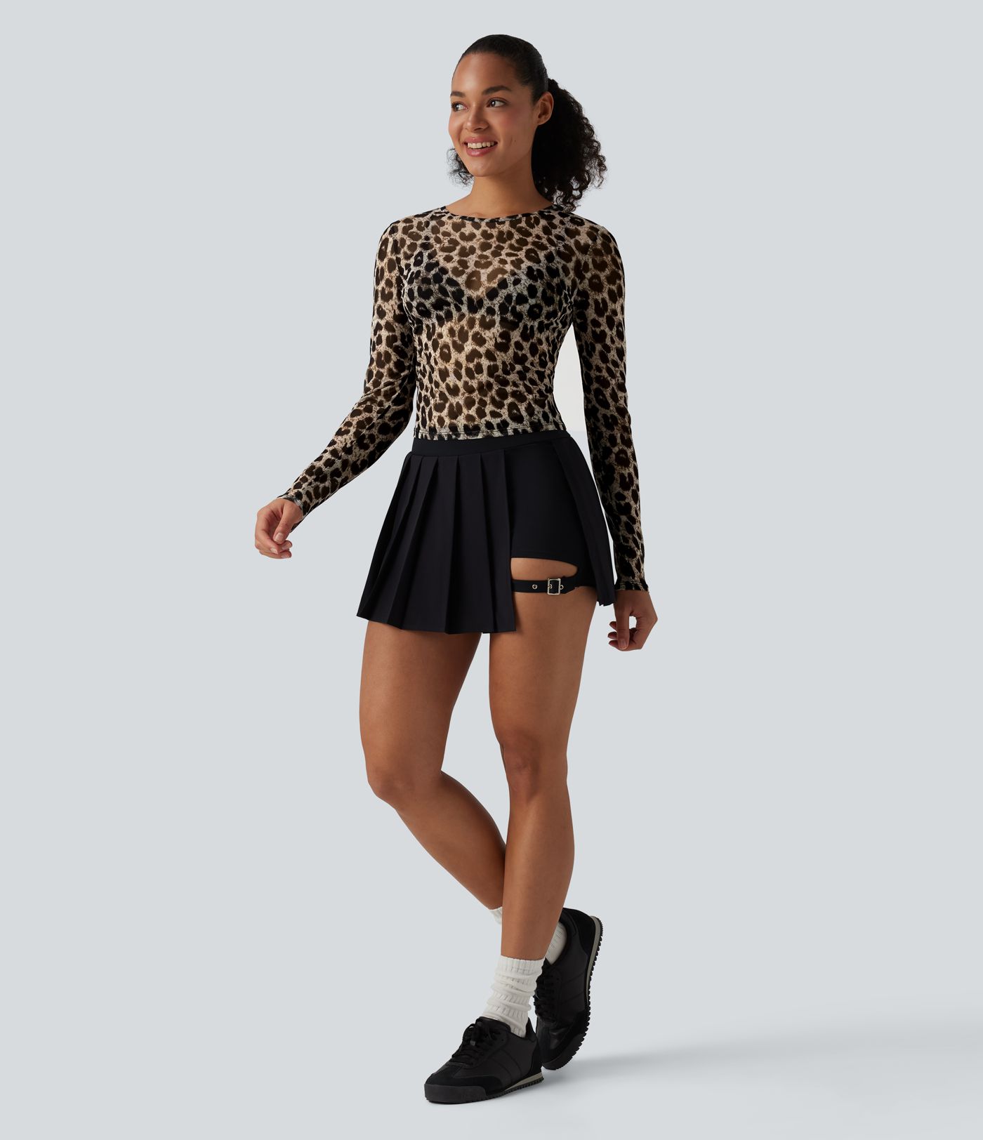 Round Neck Long Sleeve Leopard Print Sheer Mesh Casual Top