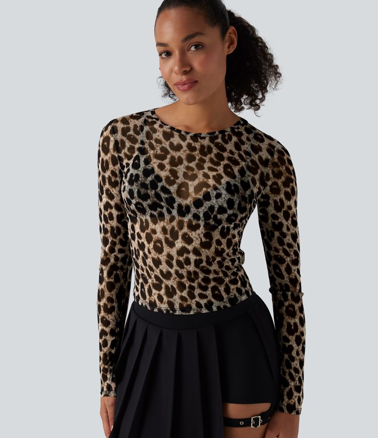 Round Neck Long Sleeve Leopard Print Sheer Mesh Casual Top