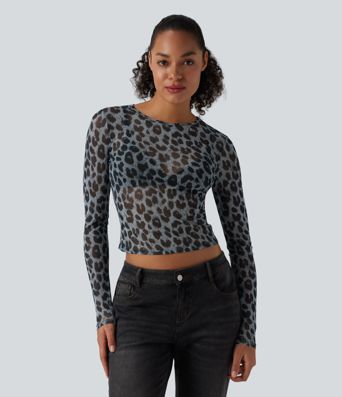 Round Neck Long Sleeve Leopard Print Sheer Mesh Casual Top