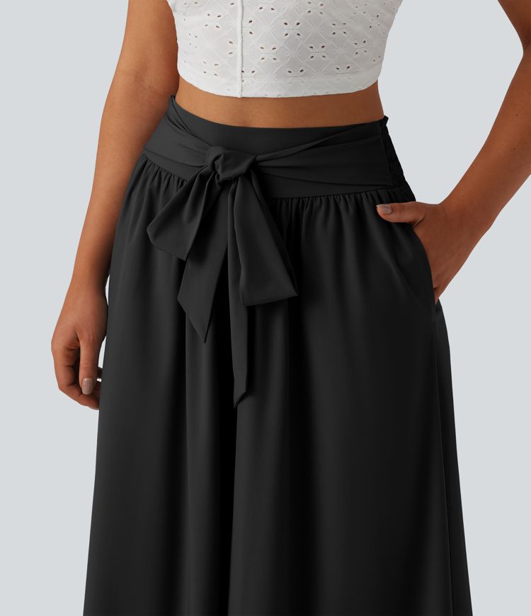 Breezeful™ High Waisted Shirred Tie Front Flowy Quick Dry Pants with Pockets