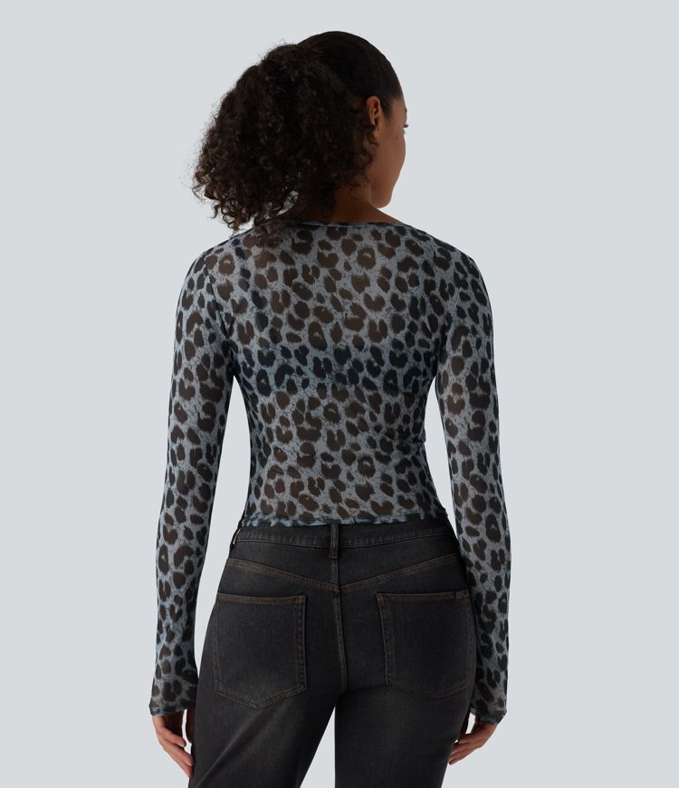 Round Neck Long Sleeve Leopard Print Sheer Mesh Casual Top