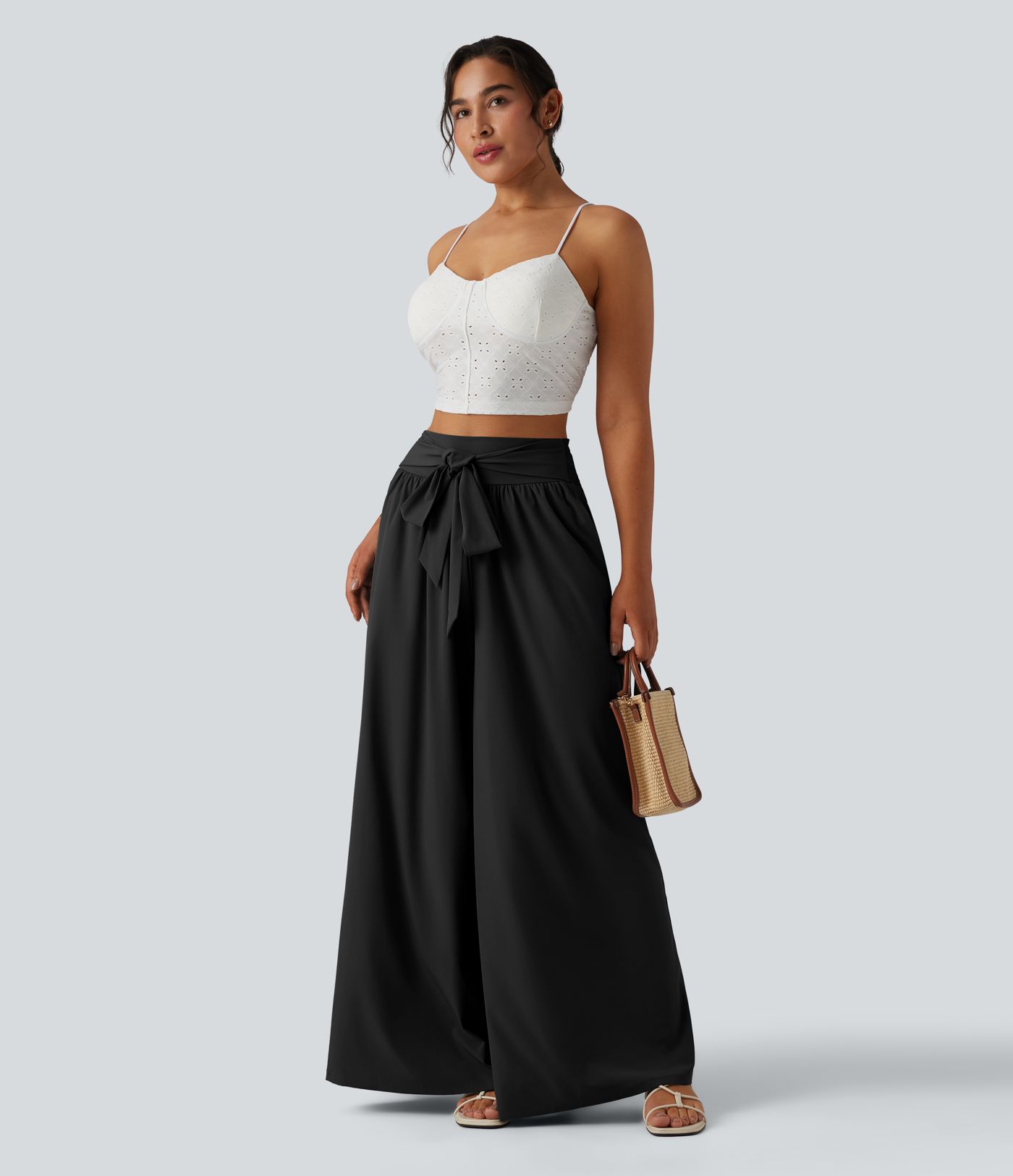 Breezeful™ High Waisted Shirred Tie Front Flowy Quick Dry Pants with Pockets