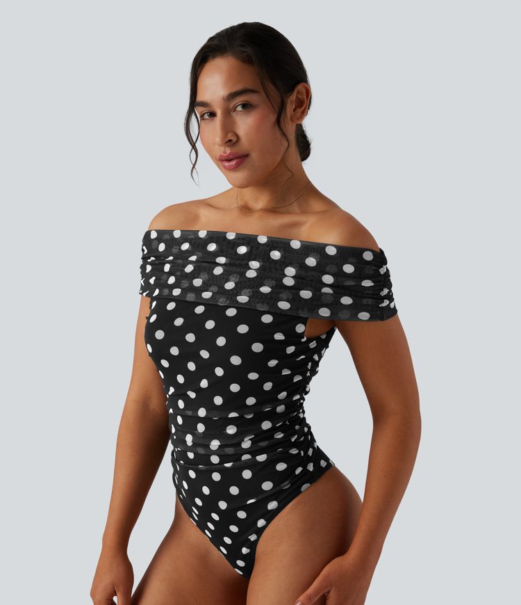 Off Shoulder Polka Dot Mesh Casual Bodysuit