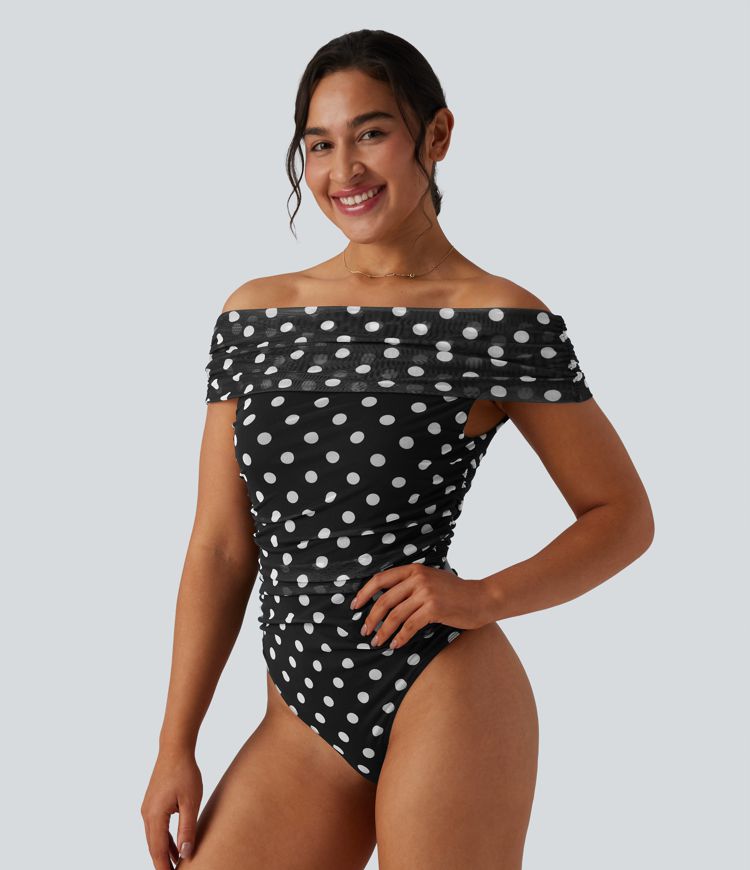 Off Shoulder Polka Dot Mesh Casual Bodysuit