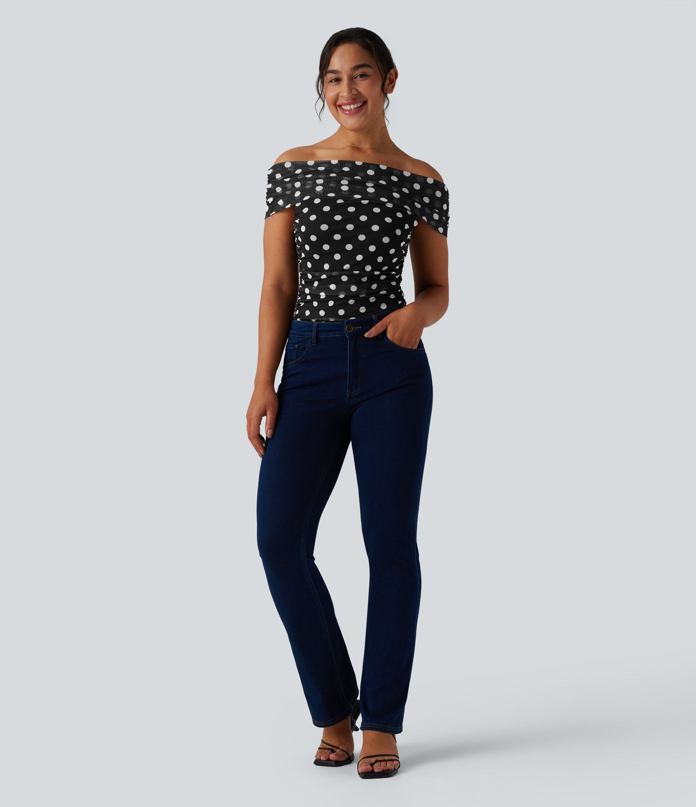 Off Shoulder Polka Dot Mesh Casual Bodysuit