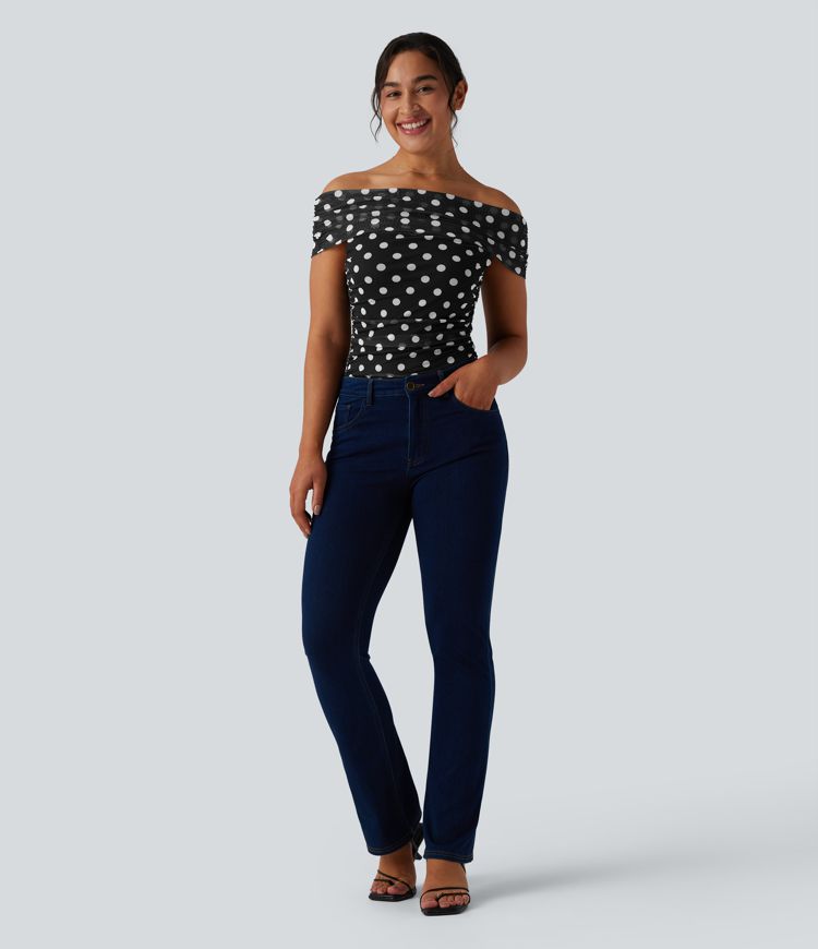 Off Shoulder Polka Dot Mesh Casual Bodysuit