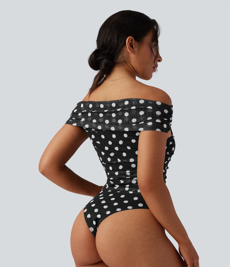 Off Shoulder Polka Dot Mesh Casual Bodysuit