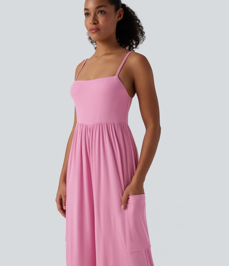 Ribbed Wide Leg Casual Slip Jumpsuit with Pockets