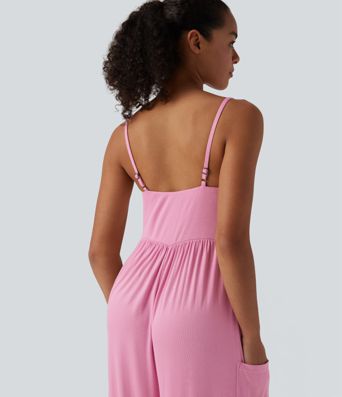Ribbed Wide Leg Casual Slip Jumpsuit with Pockets