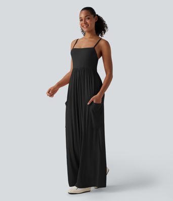 Ribbed Wide Leg Casual Slip Jumpsuit with Pockets