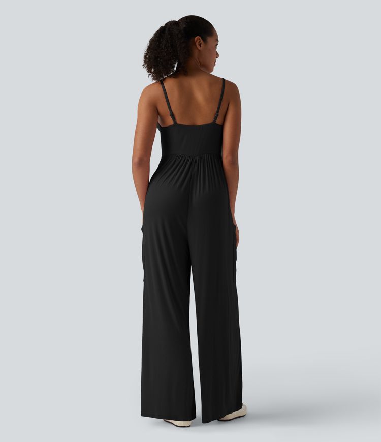 Ribbed Wide Leg Casual Slip Jumpsuit with Pockets