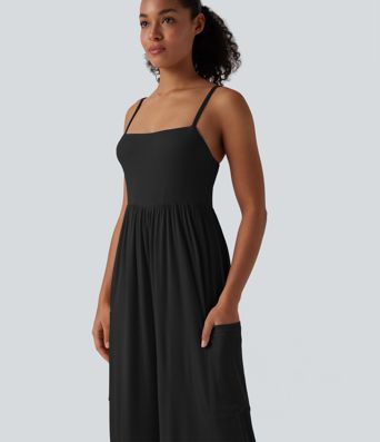 Ribbed Wide Leg Casual Slip Jumpsuit with Pockets