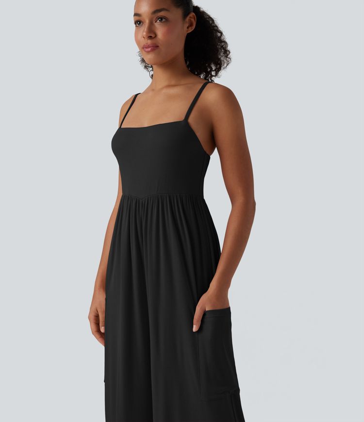 Ribbed Wide Leg Casual Slip Jumpsuit with Pockets