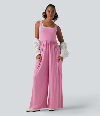 Ribbed Wide Leg Casual Slip Jumpsuit with Pockets