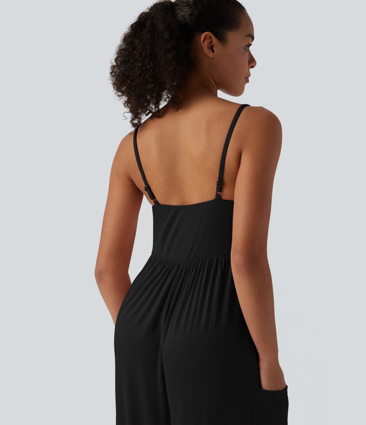 Ribbed Wide Leg Casual Slip Jumpsuit with Pockets