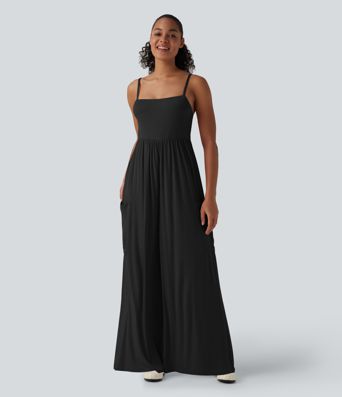 Ribbed Wide Leg Casual Slip Jumpsuit with Pockets