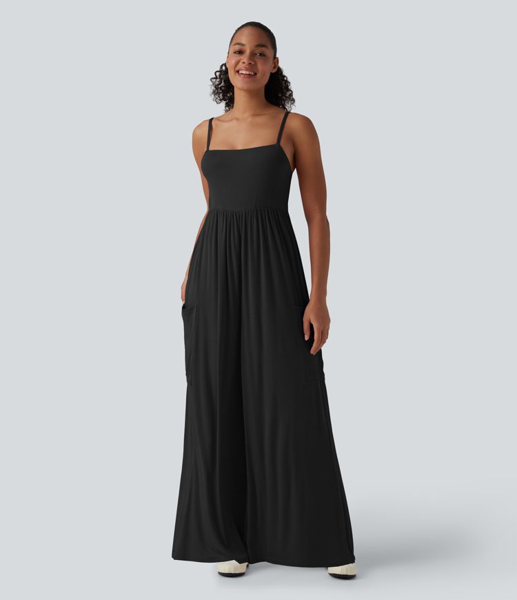 Ribbed Wide Leg Casual Slip Jumpsuit with Pockets