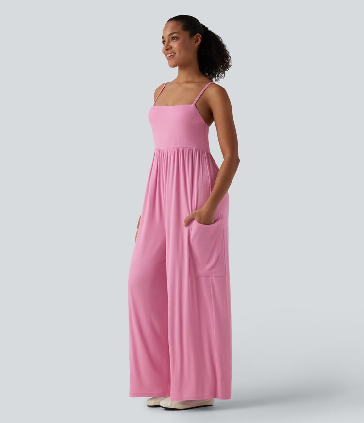 Ribbed Wide Leg Casual Slip Jumpsuit with Pockets
