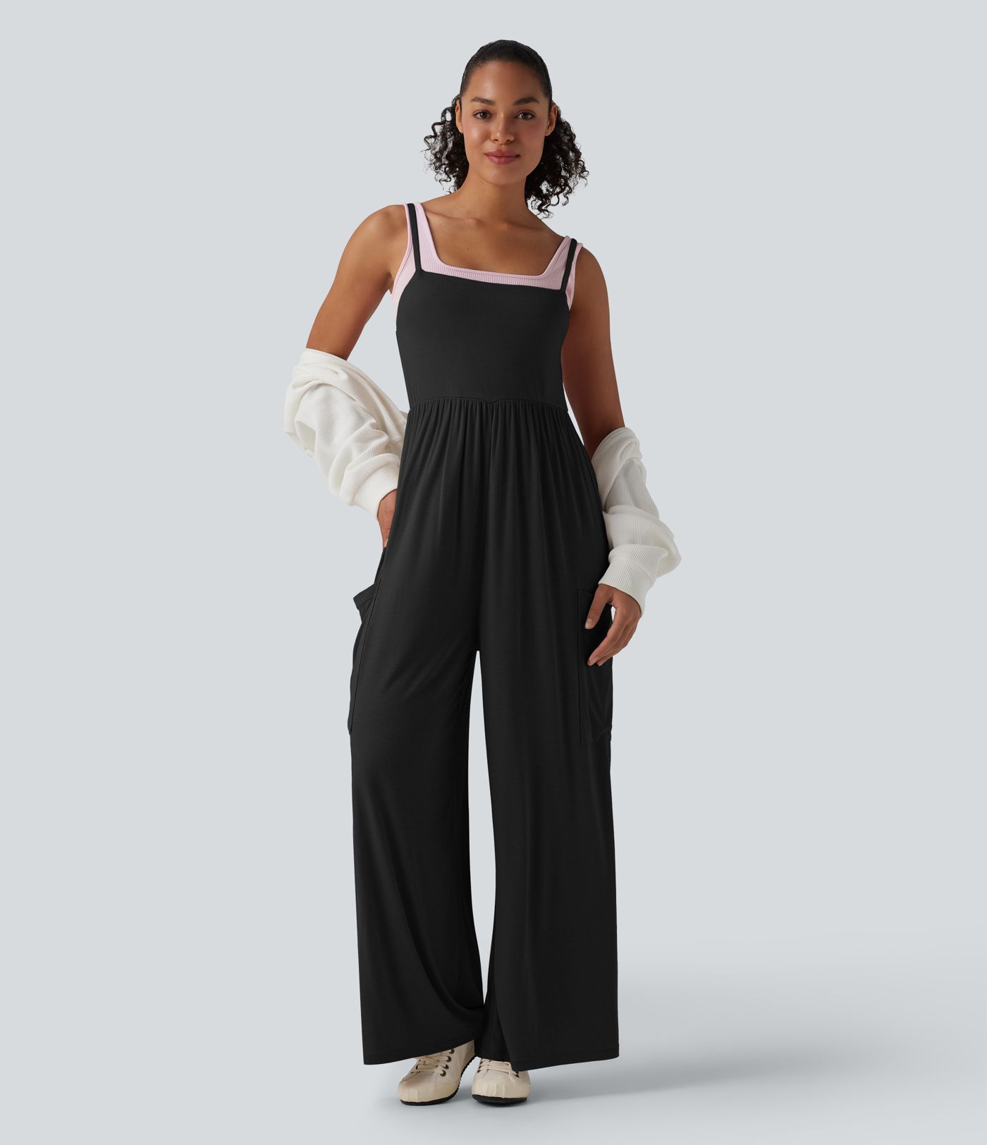 Ribbed Wide Leg Casual Slip Jumpsuit with Pockets