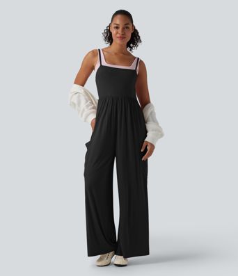 Ribbed Wide Leg Casual Slip Jumpsuit with Pockets