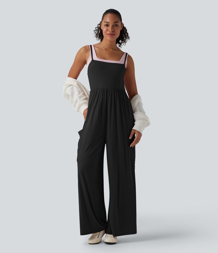 Ribbed Wide Leg Casual Slip Jumpsuit with Pockets