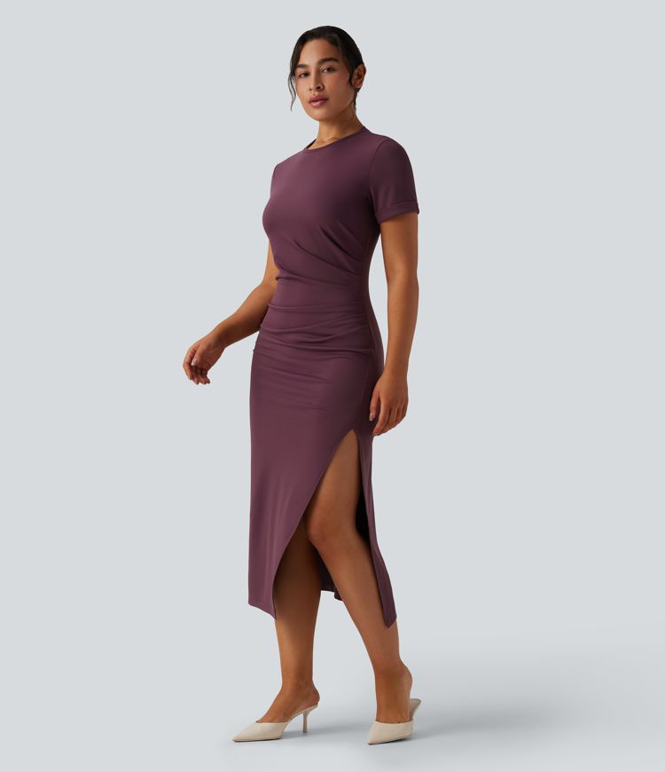 Round Neck Short Sleeve Midi Casual Dress