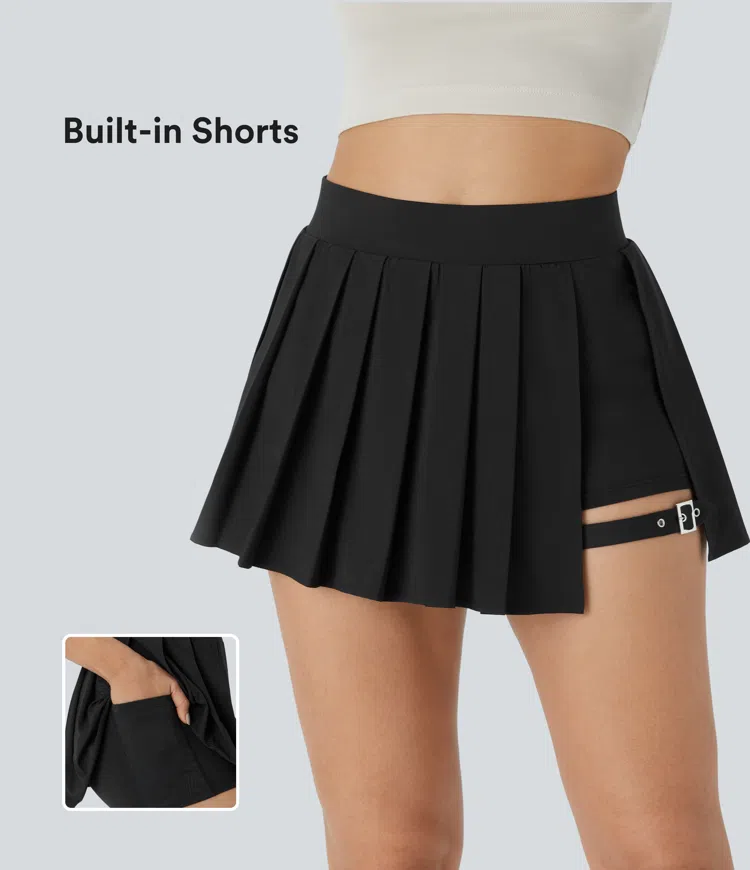 Breezeful™ High Waisted Pleated 2-in-1 Pocket Adjustable Buckle Micro Mini Quick Dry Party Skirt