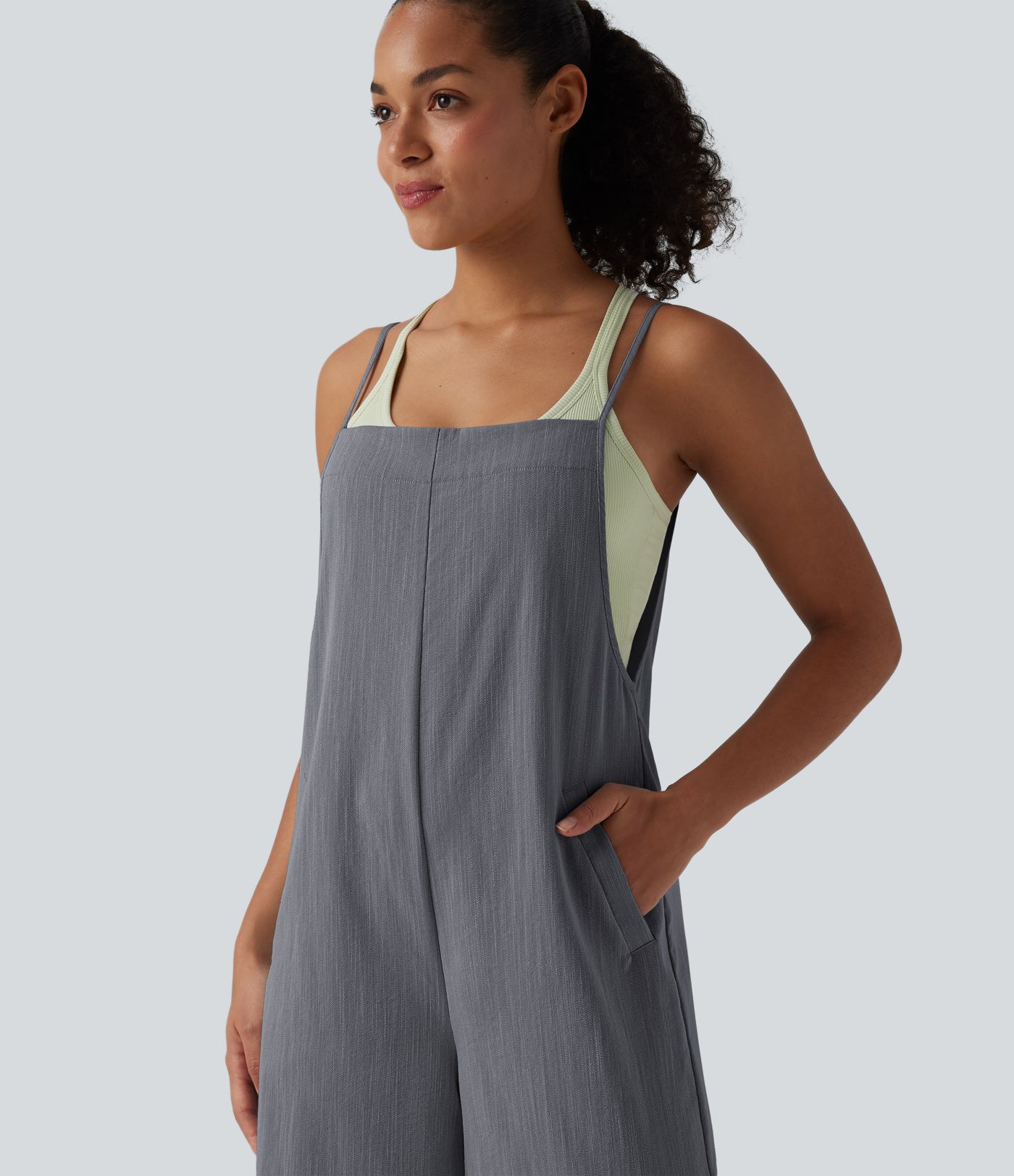 Wide Leg Casual Linen-Feel Overalls with Pockets