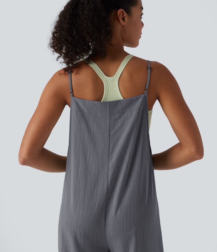 Wide Leg Casual Linen-Feel Overalls with Pockets