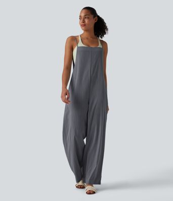Wide Leg Casual Linen-Feel Overalls with Pockets