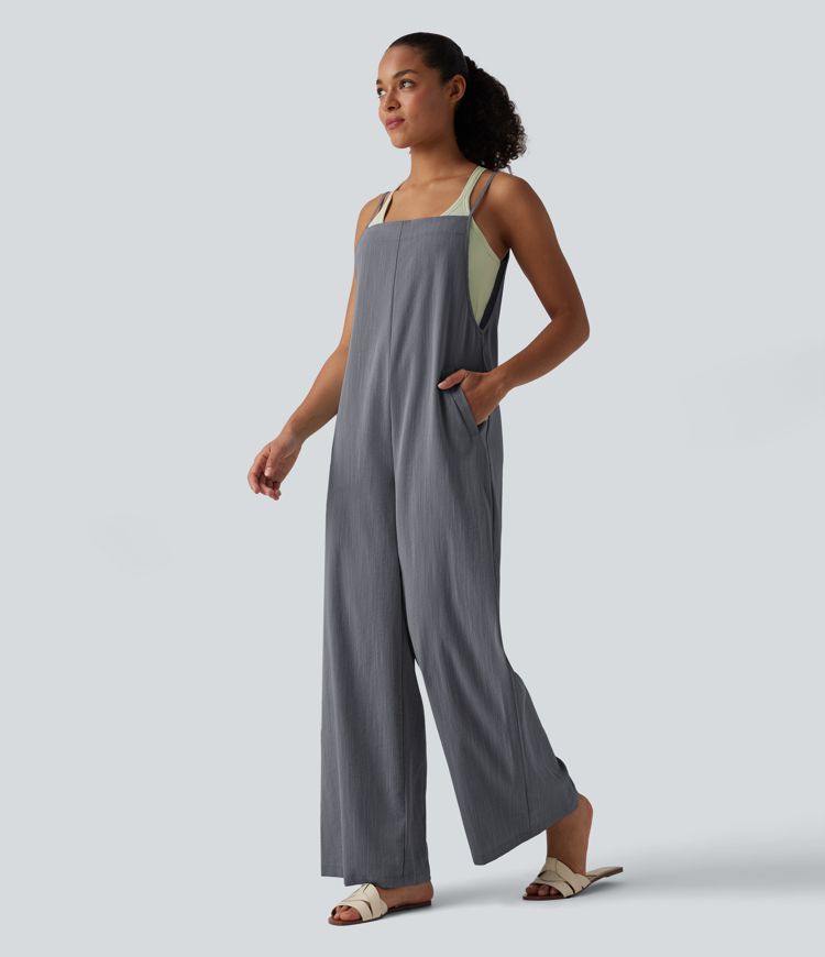 Wide Leg Casual Linen-Feel Overalls with Pockets