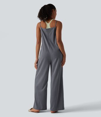 Wide Leg Casual Linen-Feel Overalls with Pockets