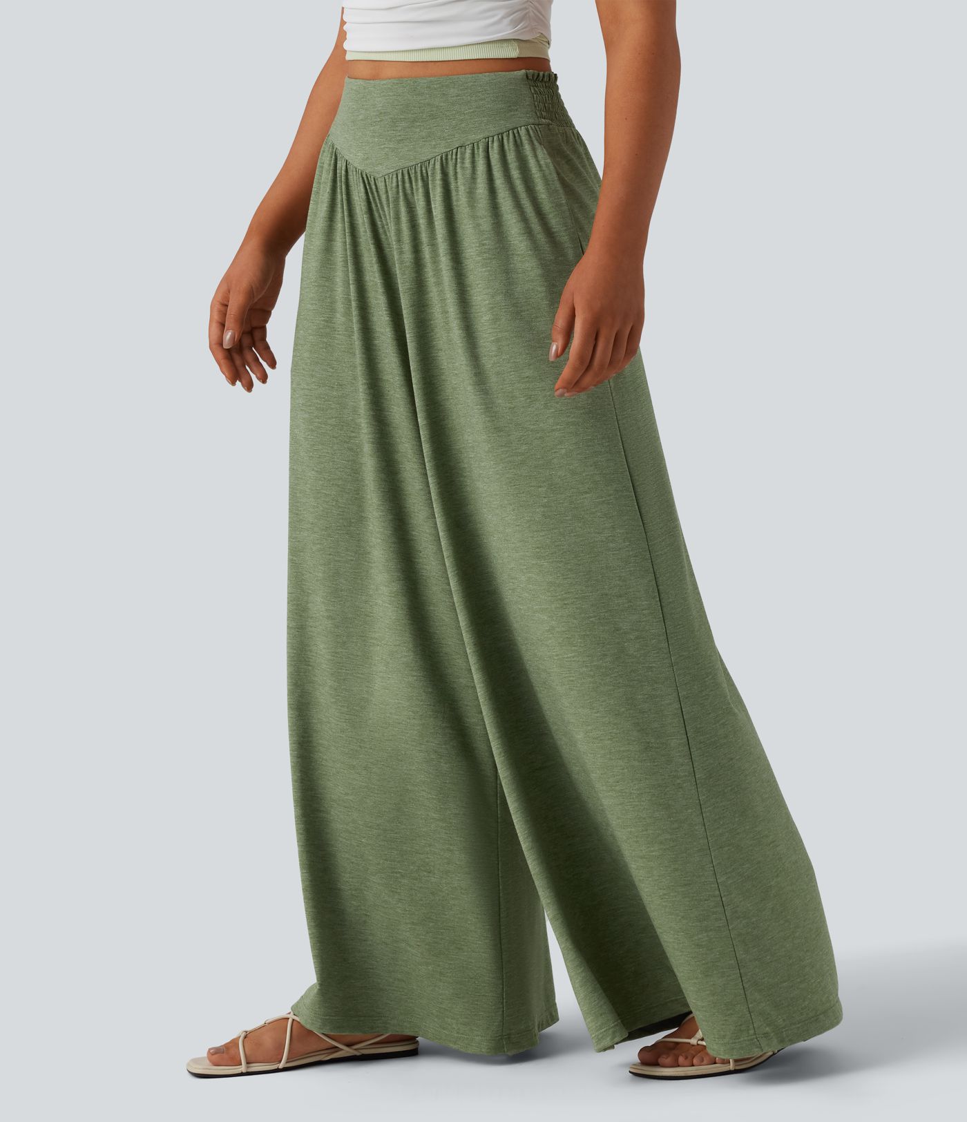 High Waisted Shirred Flowy Trousers with Pockets
