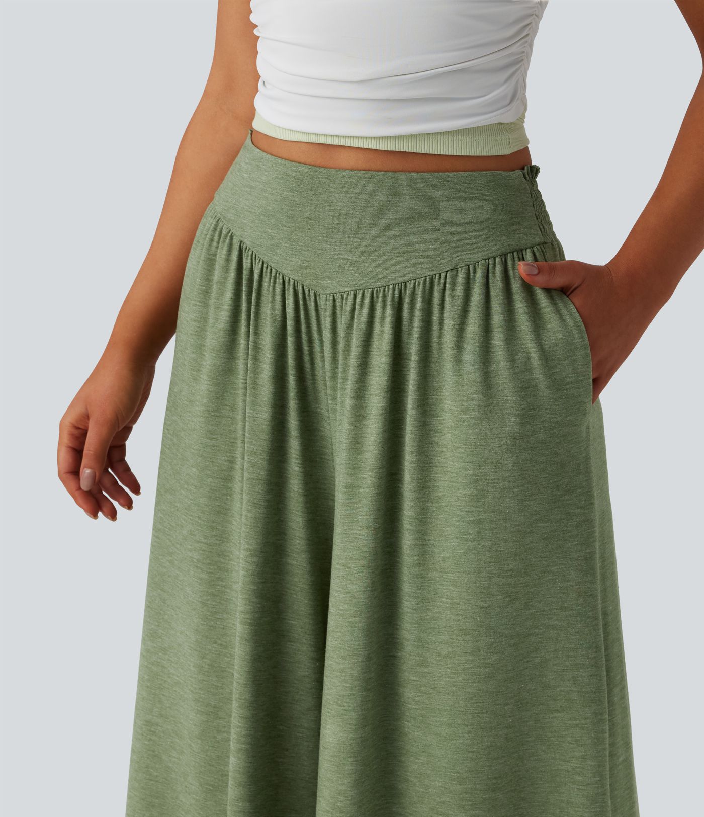 High Waisted Shirred Flowy Trousers with Pockets