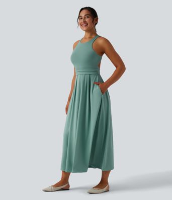 Round Neck Racerback Midi Casual Dress with Pockets