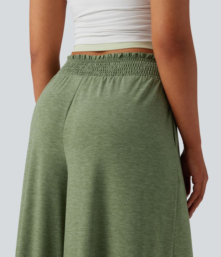 High Waisted Shirred Flowy Trousers with Pockets