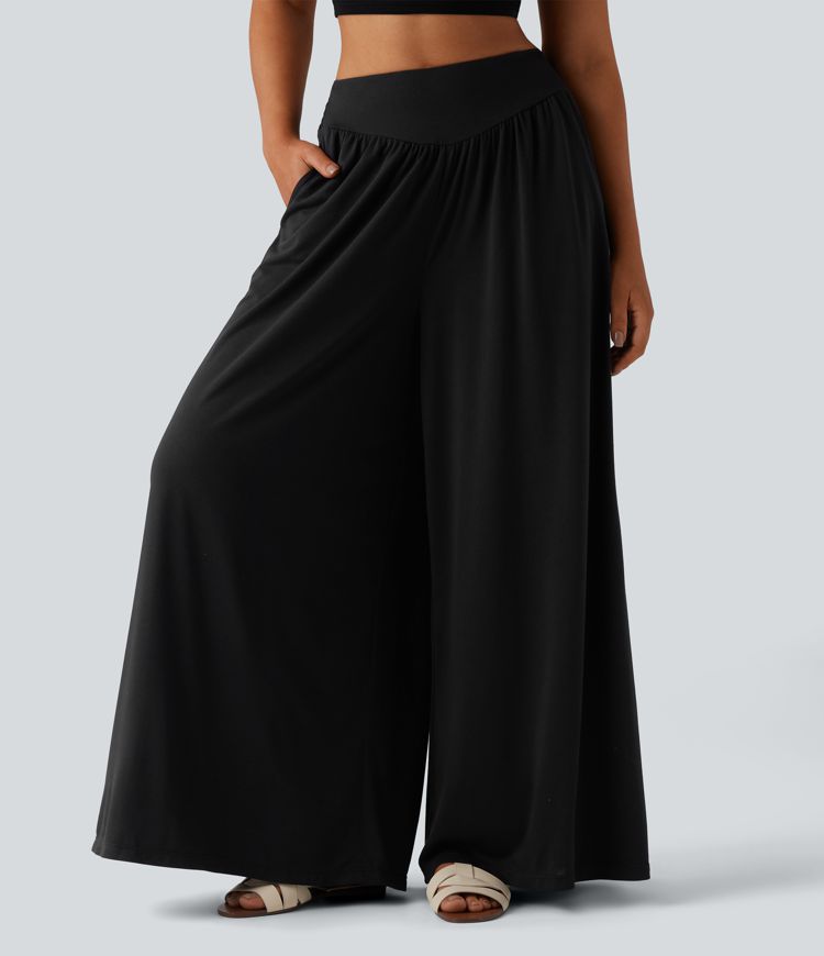 Pantalon fluide taille haute smocké avec poches