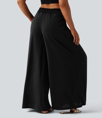 Pantalon fluide taille haute smocké avec poches