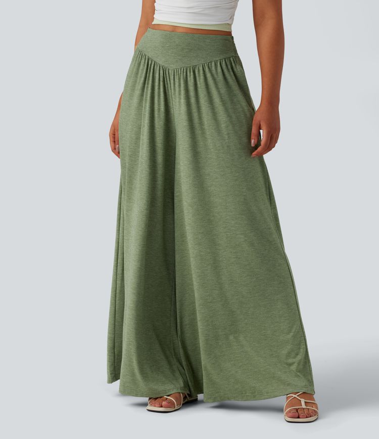 High Waisted Shirred Flowy Trousers with Pockets