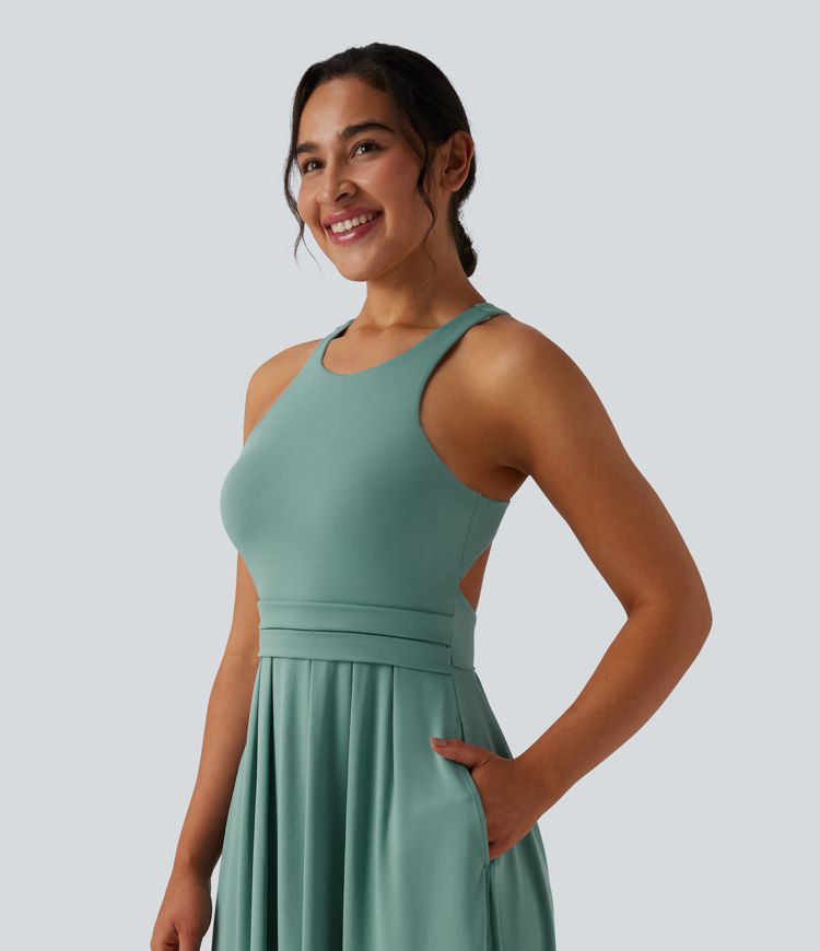 Round Neck Racerback Midi Casual Dress with Pockets