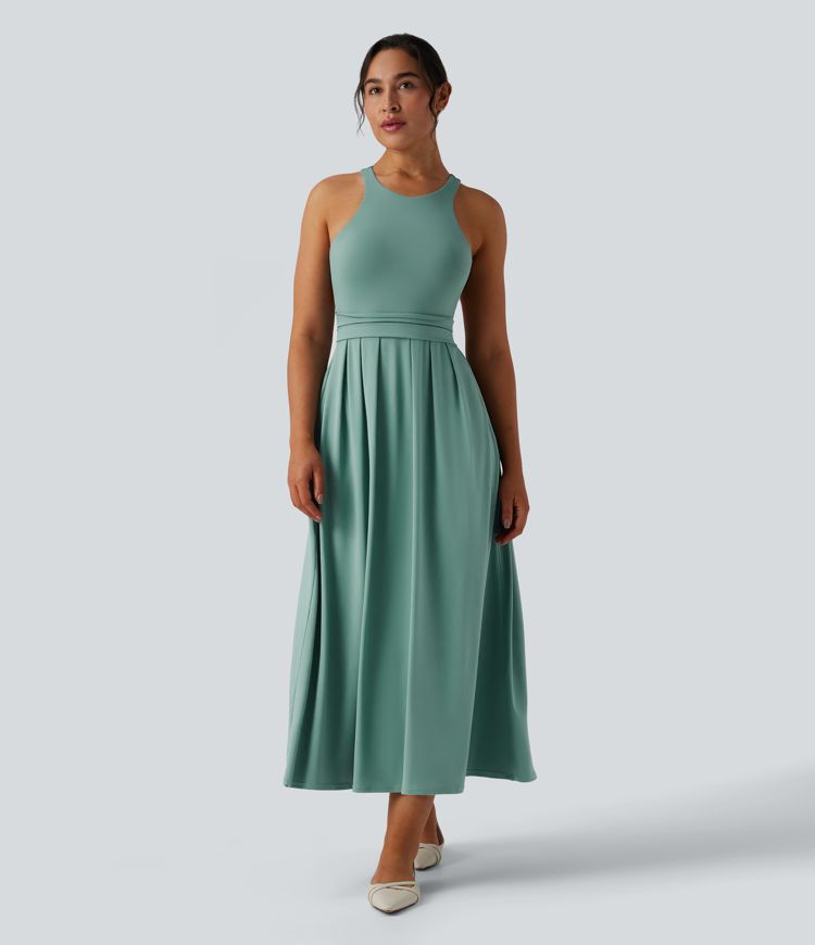 Round Neck Racerback Midi Casual Dress with Pockets