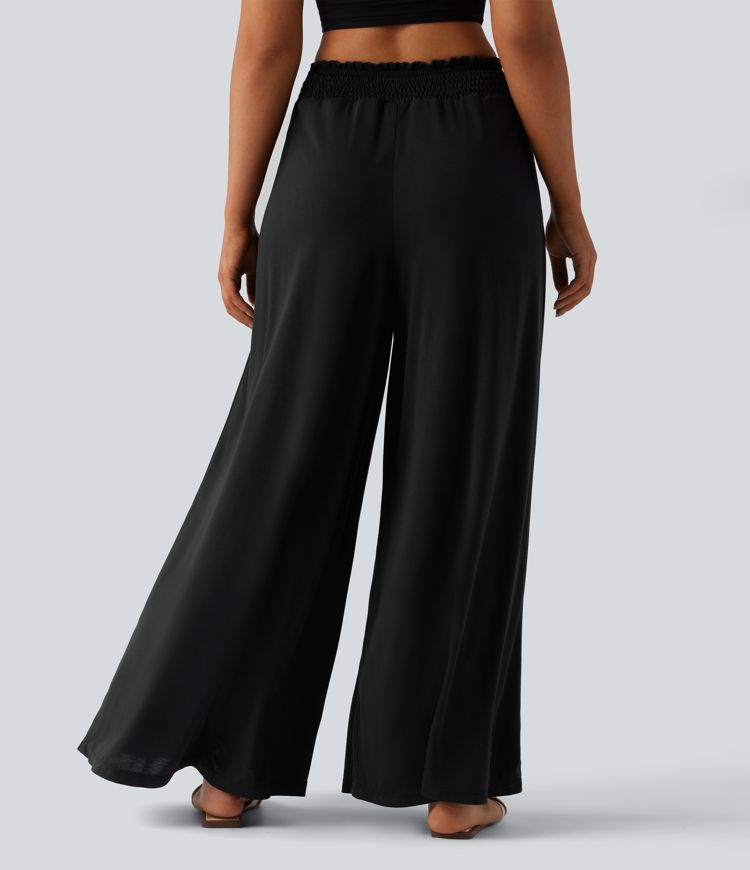 Pantalon fluide taille haute smocké avec poches