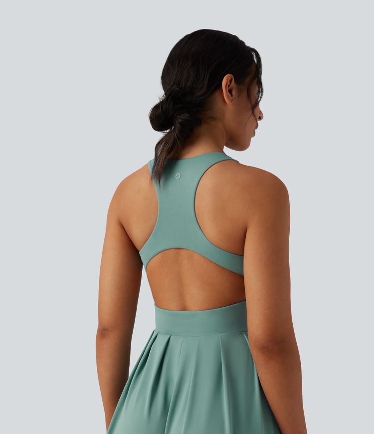 Round Neck Racerback Midi Casual Dress with Pockets