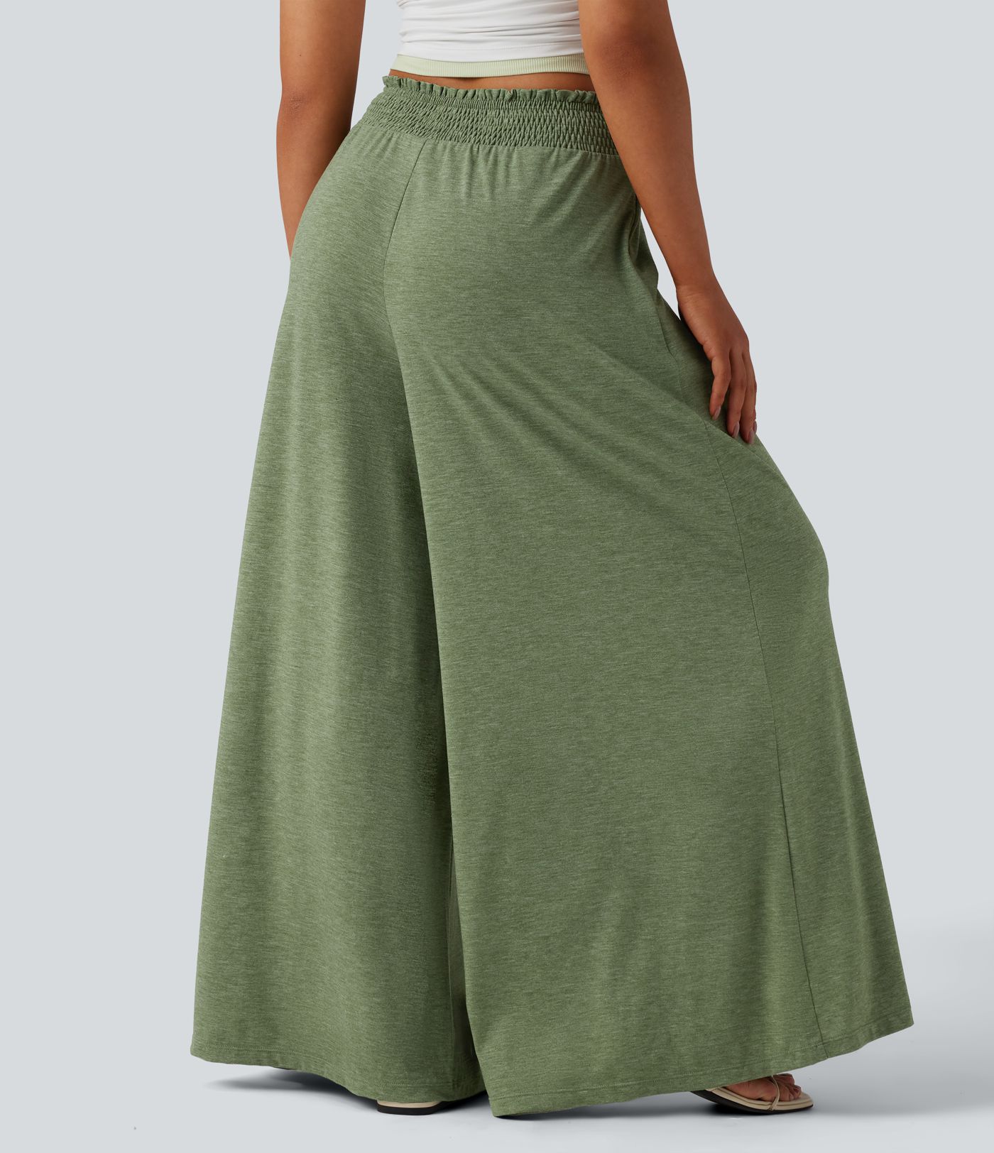 High Waisted Shirred Flowy Trousers with Pockets