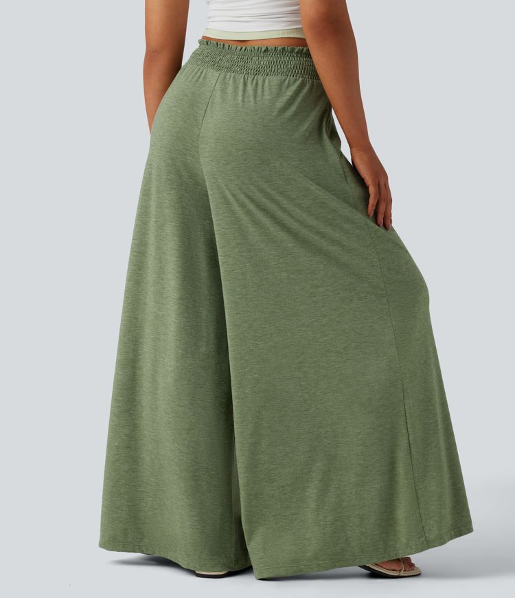 High Waisted Shirred Flowy Trousers with Pockets