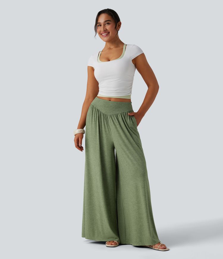High Waisted Shirred Flowy Trousers with Pockets