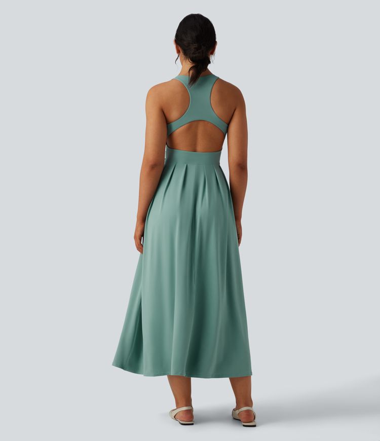 Round Neck Racerback Midi Casual Dress with Pockets